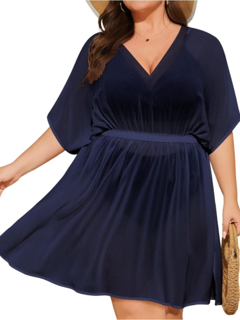 Flowy V-Neck Coverup Semi-Sheer POOL BEACH Swimwear Navy Women’s Size 28 Plus